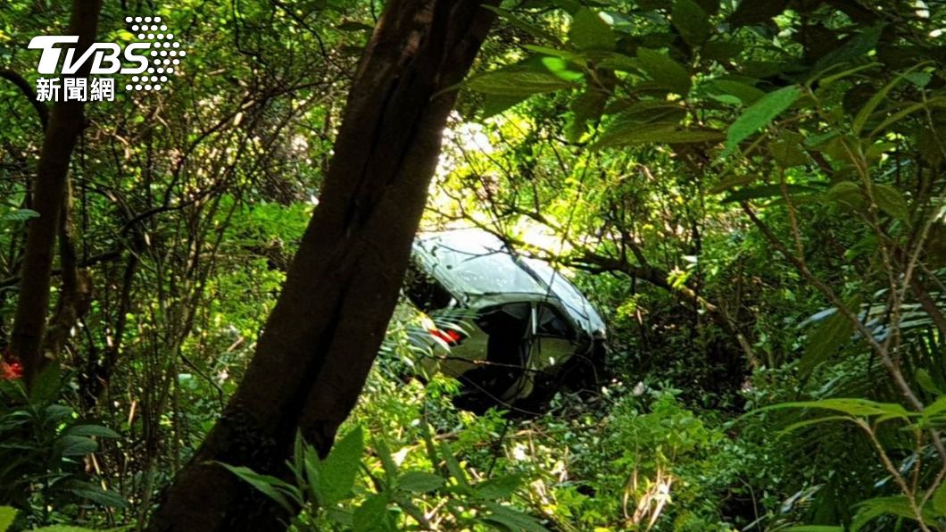 轎車卡在山谷樹林間。(圖/TVBS)