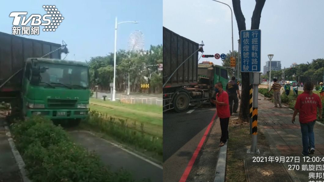 聯結車閃急煞轎車!失控衝上人行道 險撞輕軌軌道
