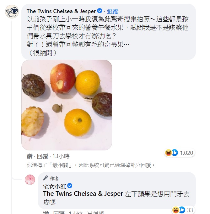 有網友PO出孩子從學校帶回家的各種水果。(圖/翻攝自宅女小紅臉書)