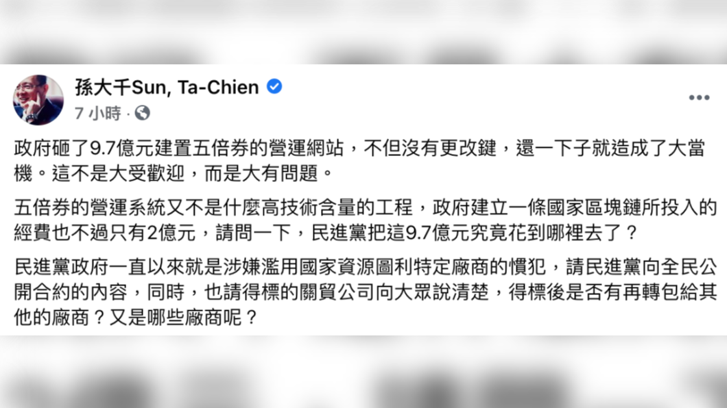 孫大千於臉書質疑五倍券預算去向。(圖/翻攝自孫大千臉書)