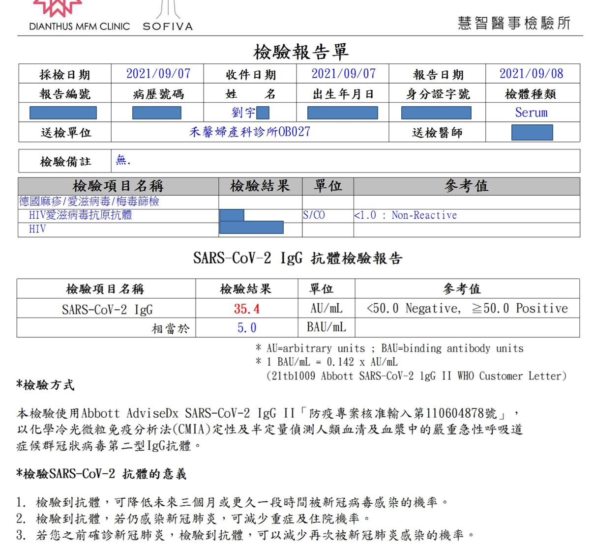 劉宇第一次檢驗,IgG抗體量結果為35.4 AU/mL。(圖/翻攝自劉宇臉書)
