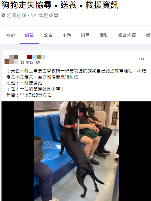 民眾發現狗狗自行搭車。(圖/翻攝自「狗狗走失協尋 • 送養 • 救援資訊」)