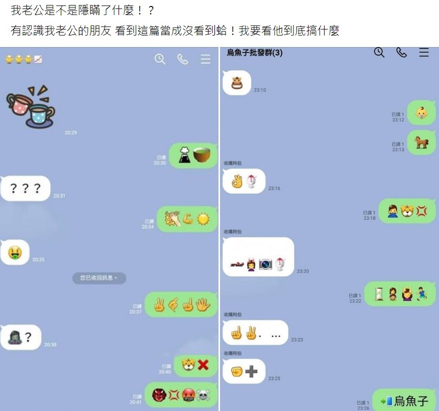 原PO貼出老公的聊天對話截圖。(圖/翻攝自臉書社團「爆怨公社」)