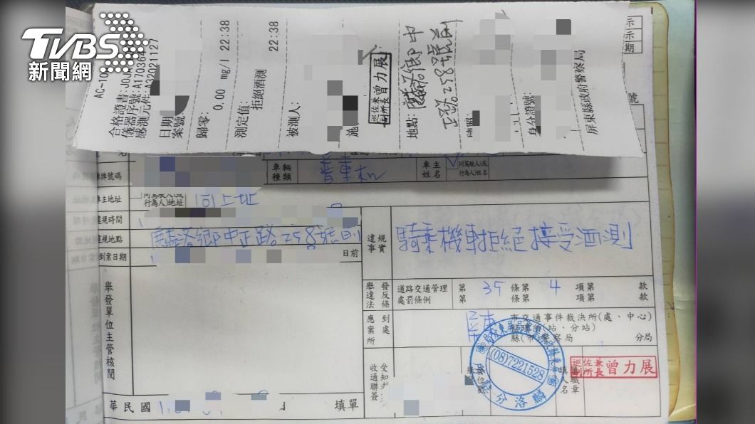 屏東消防員「酒駕蛇行」遭攔，拒酒測挨罰18萬。（圖／警方提供）