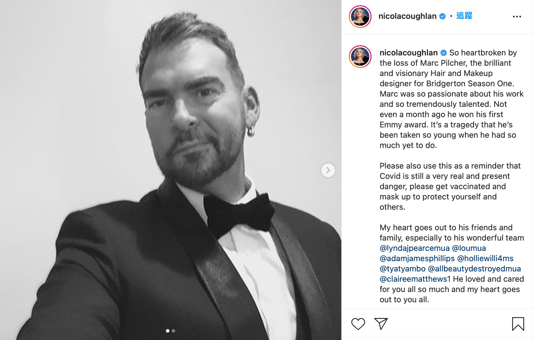 劇中主演歌芙蘭在Instagram上發文悼念佩薛。(圖/翻攝自Nicola Coughlan Instagram @nicolacoughlan)