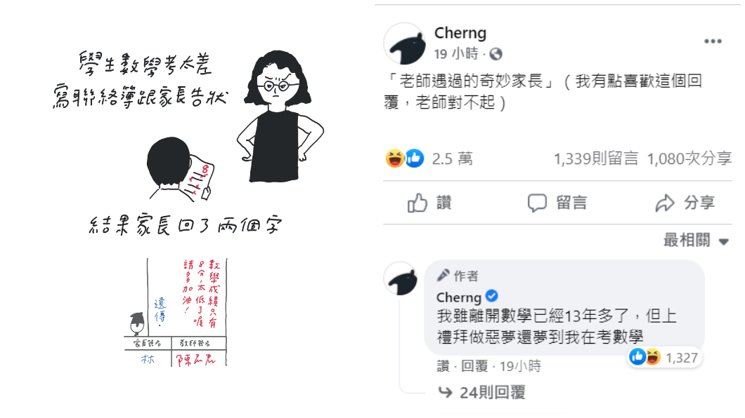 插畫家Cherng分享有老師投稿分享遇到的奇妙家長經歷。(合成圖/翻攝自臉書粉絲團Cherng)