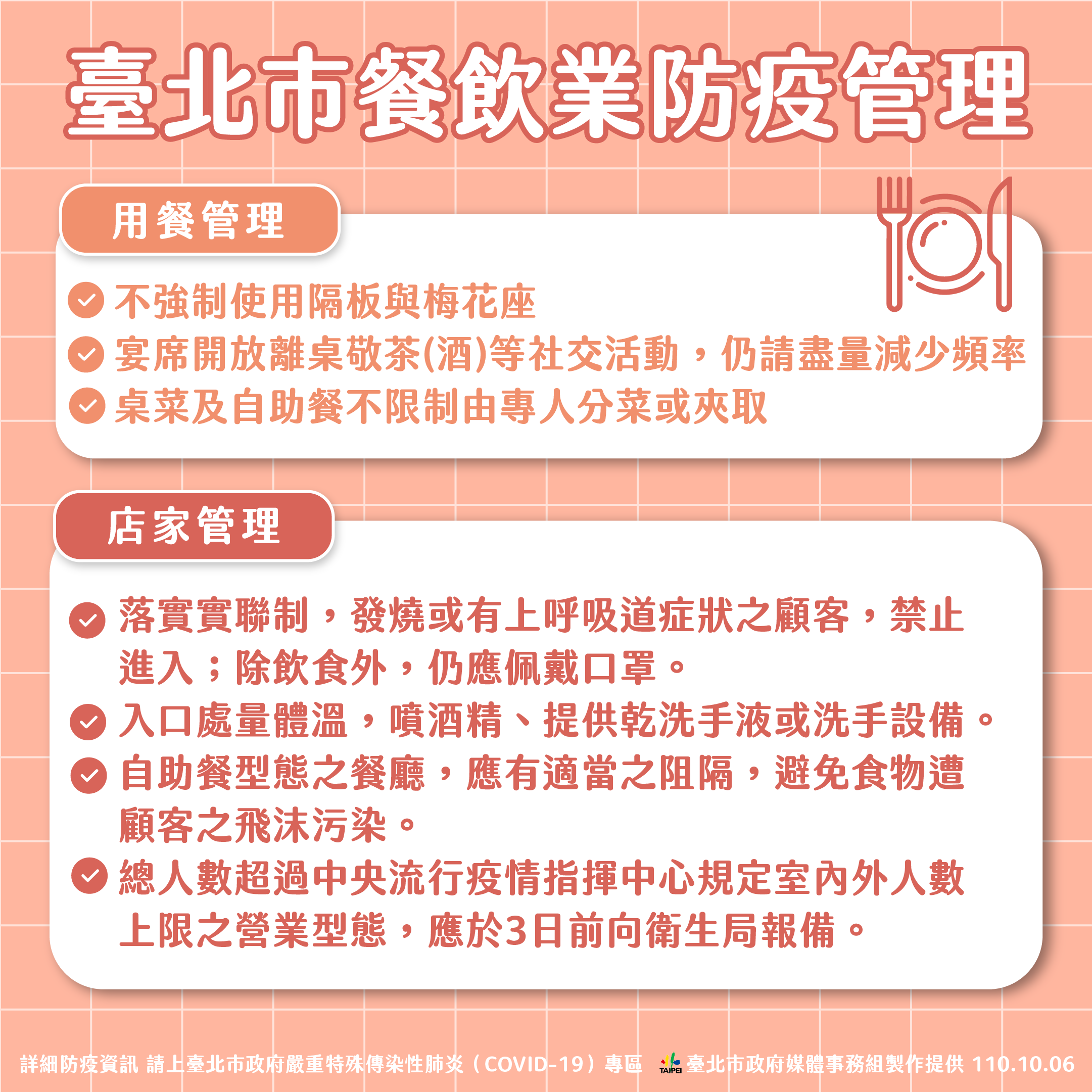台北市餐飲業防疫管理。(圖/台北市政府)