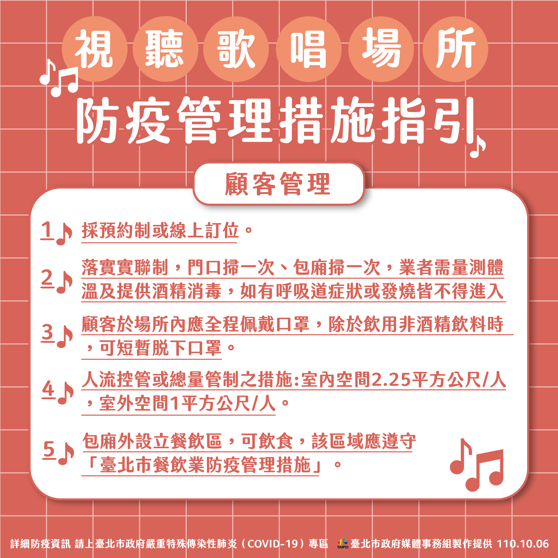 台北市視聽歌唱場所防疫管理規範-1。(圖/台北市政府)
