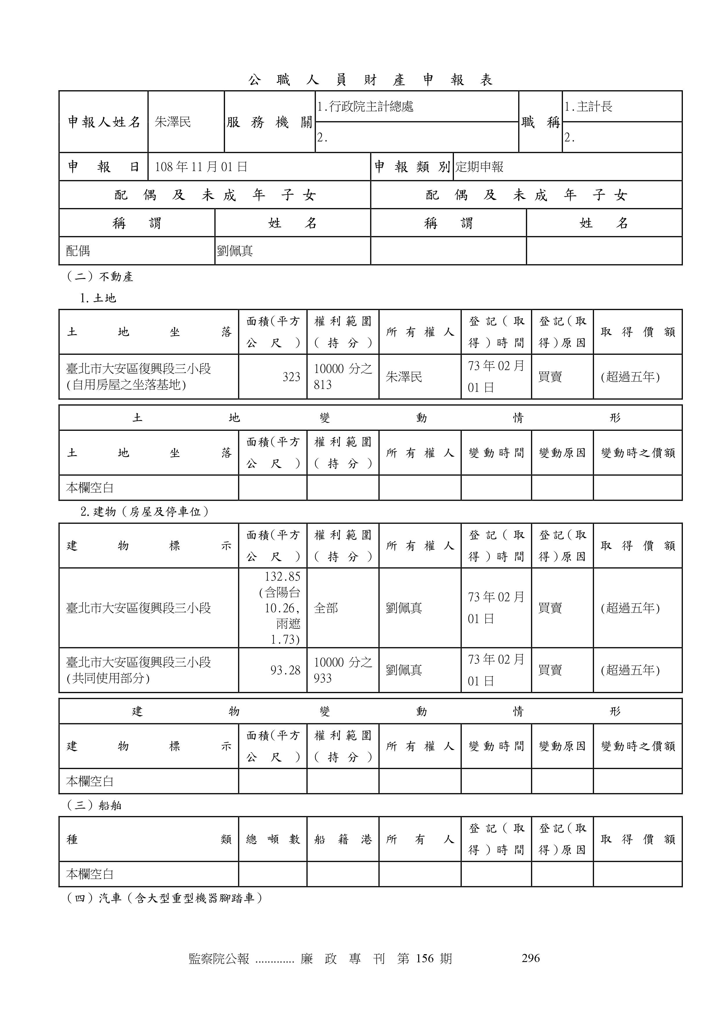 朱澤民財產申報。(圖/翻攝自監察院公報)