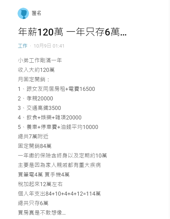 網友列出自己的固定開銷。(圖/翻攝自Dcard)