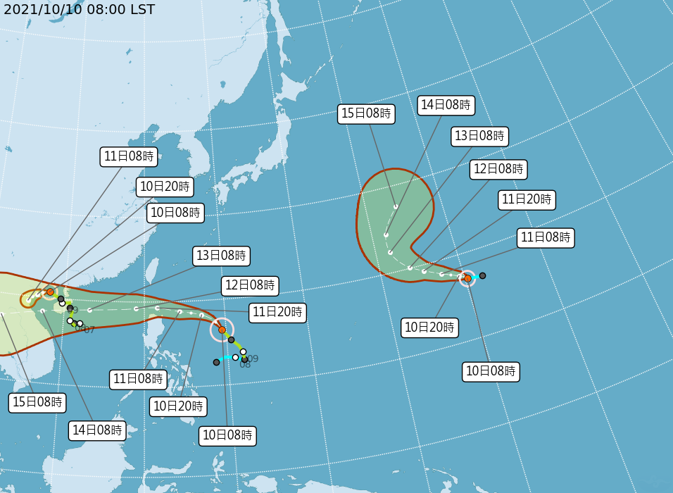 圓規8時的中心位置在北緯16.4度,東經129.5度。(圖/中央氣象局)