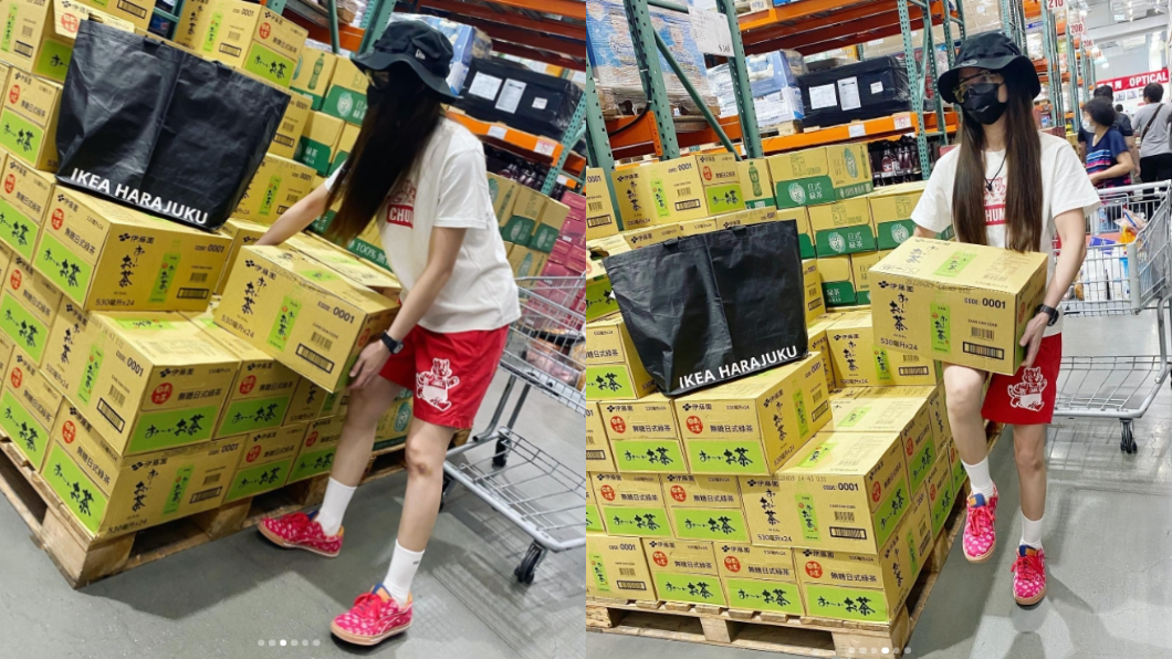李千那獨自扛起一箱飲料。(圖/翻攝自李千那IG)