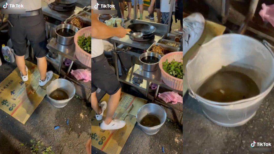 夜市攤販使用髒水清洗鍋具。(圖/翻攝自抖音)