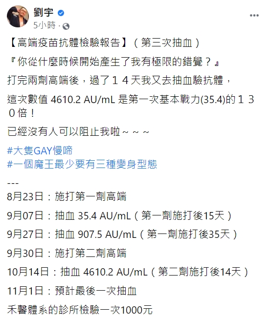 四叉貓三驗高端疫苗抗體。(圖/翻攝自劉宇臉書)