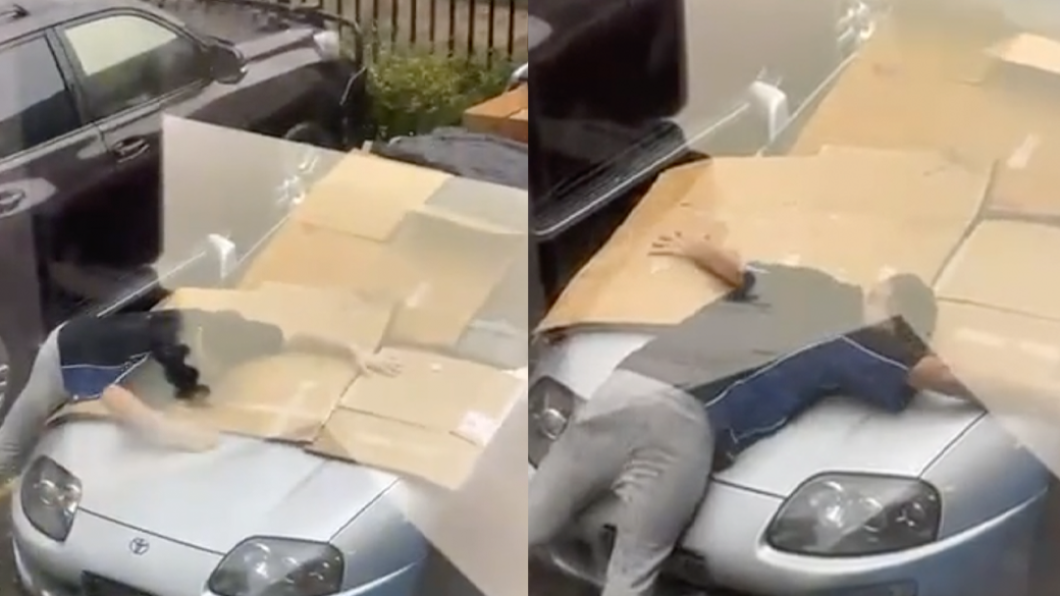澳洲下冰雹,男子肉身護車被鄰居拍下。(圖/TikTok@jakemcgloin)