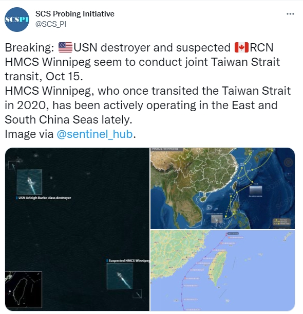 「南海戰略態勢感知計畫」於推特上分享美、加軍艦的航行路線。(圖/翻攝自SCS Probing Initiative 推特 @SCS_PI)