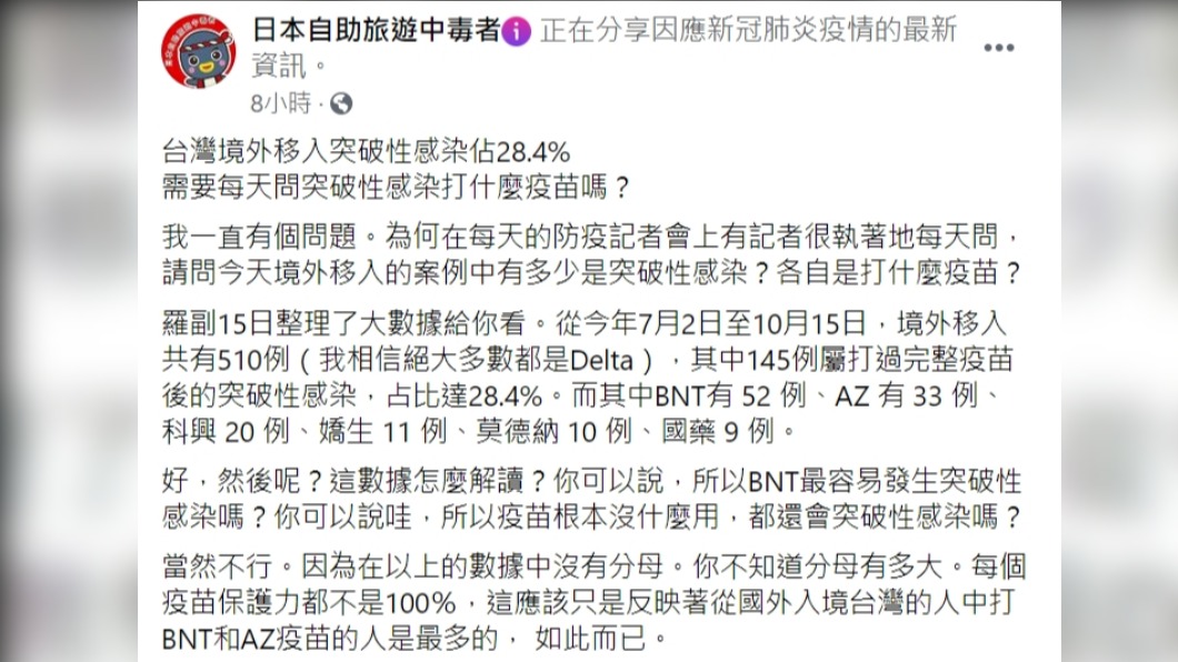 林氏璧強調突破性感染跟打哪一款疫苗沒有關係。(圖/翻攝自日本自助旅遊中毒者臉書)