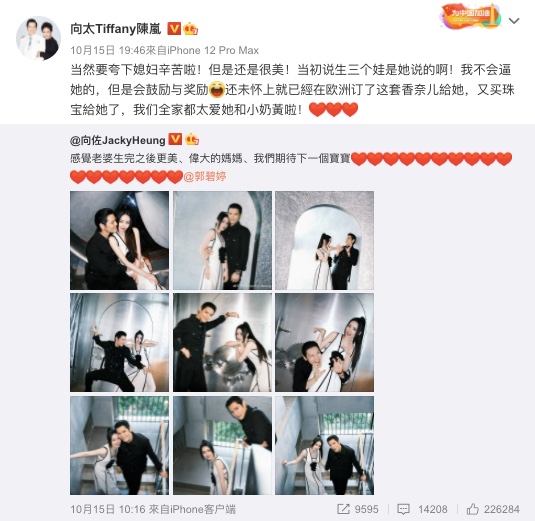 陳嵐曾強調當初是郭碧婷說要生3個娃。(圖/翻攝自陳嵐微博)