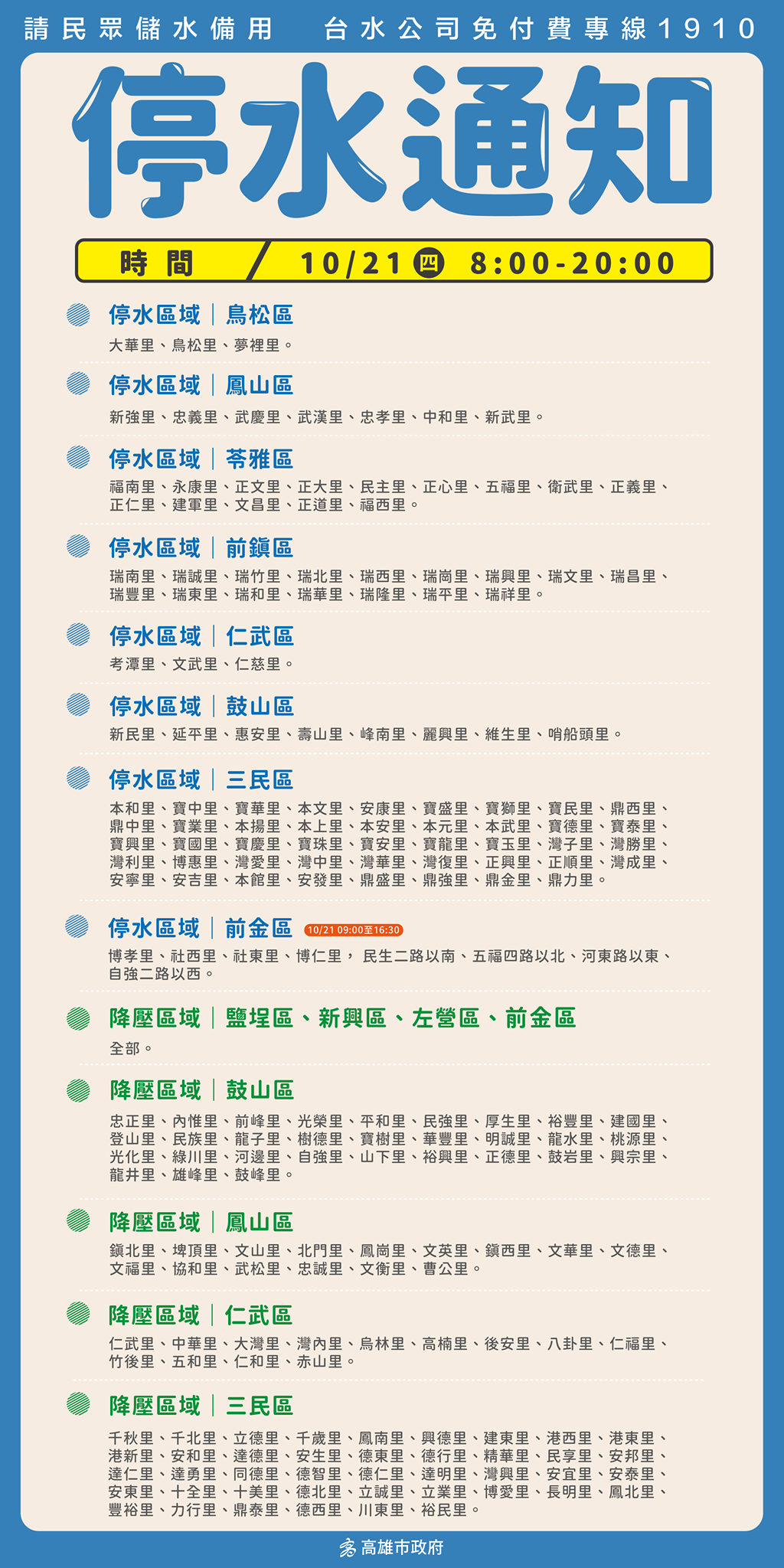 停水通知。(圖/翻攝自高雄一百臉書)