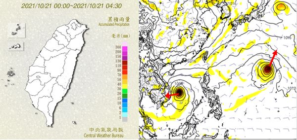 今日4:30累積雨量圖顯示,各地無降雨(左圖);最新歐洲(ECMWF)模式,模擬下週三20時天氣圖(右圖)顯示,在南海及菲律賓東方海面,分別有「熱帶擾動」活動的跡象,模擬路徑皆離台灣甚遠。(圖/翻攝自三立準氣象・老大洩天機)