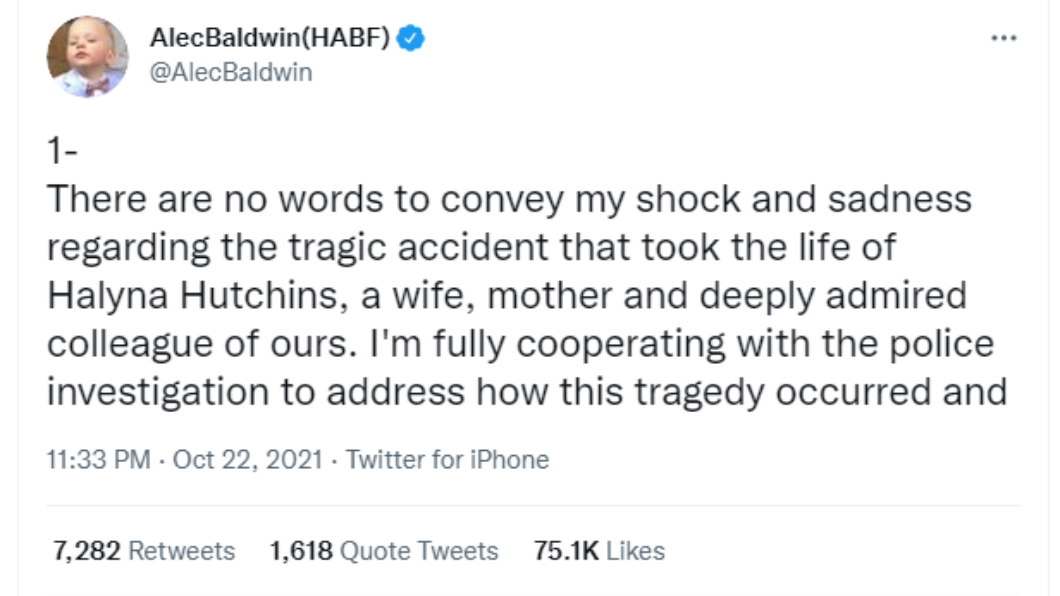 亞歷鮑德溫發文表達深刻歉意。（圖／翻攝自@AlecBaldwin Twitter）
