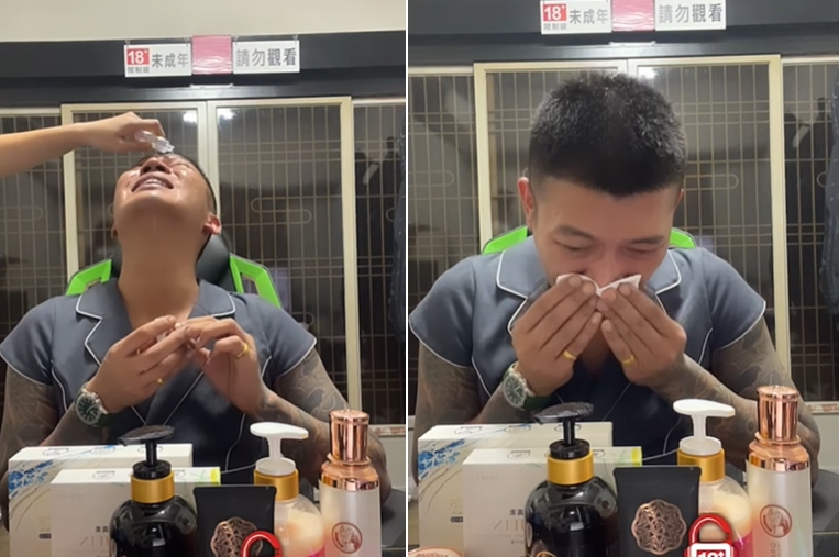 一旁有工作人員立刻補充眼藥水。（圖／翻攝自鳳梨吳泓逸臉書）