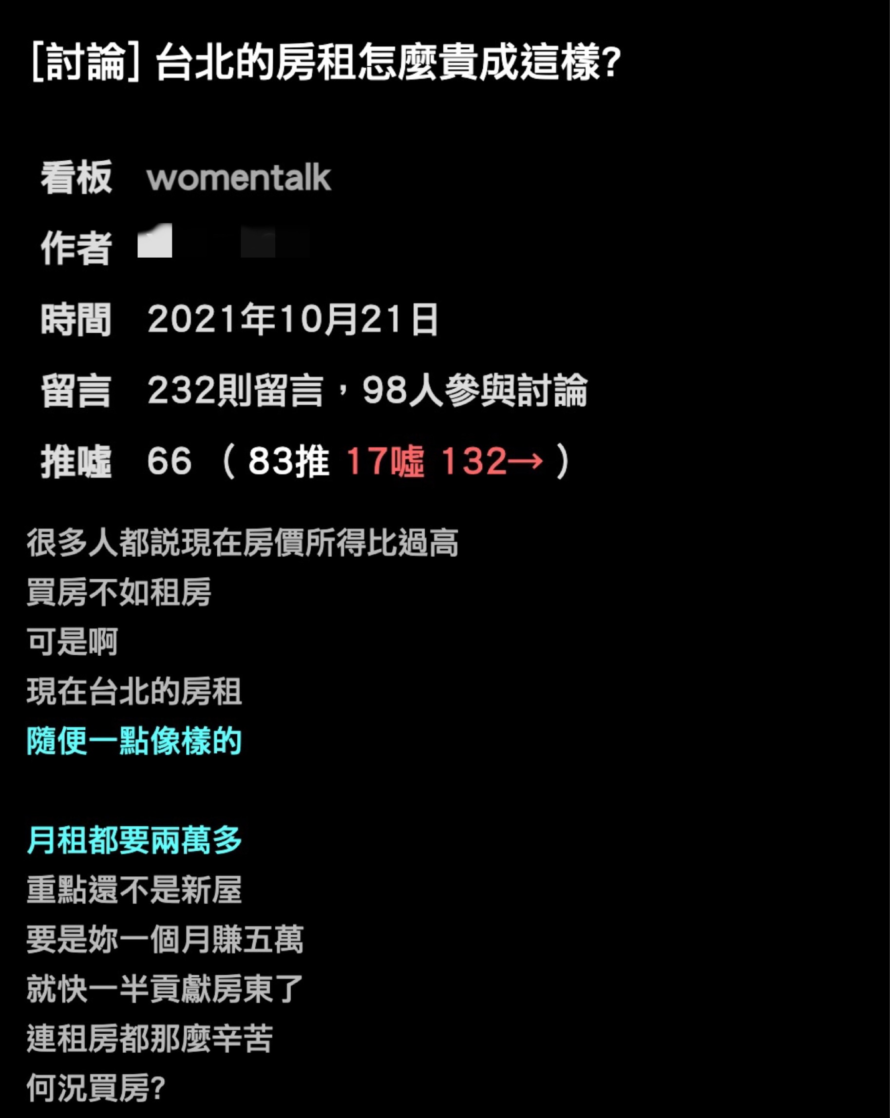 原PO認為台北市的房租過高。(圖/翻攝自PTT)