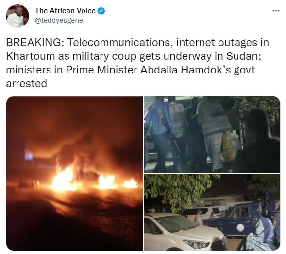 外媒透露蘇丹首都喀土穆的網路及通訊全被中斷。（圖／翻攝自The African Voice 推特 @teddyeugene）