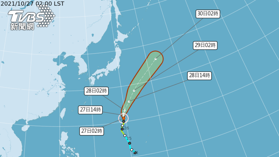 輕度颱風瑪瑙移動路徑預測。（圖／中央氣象局）