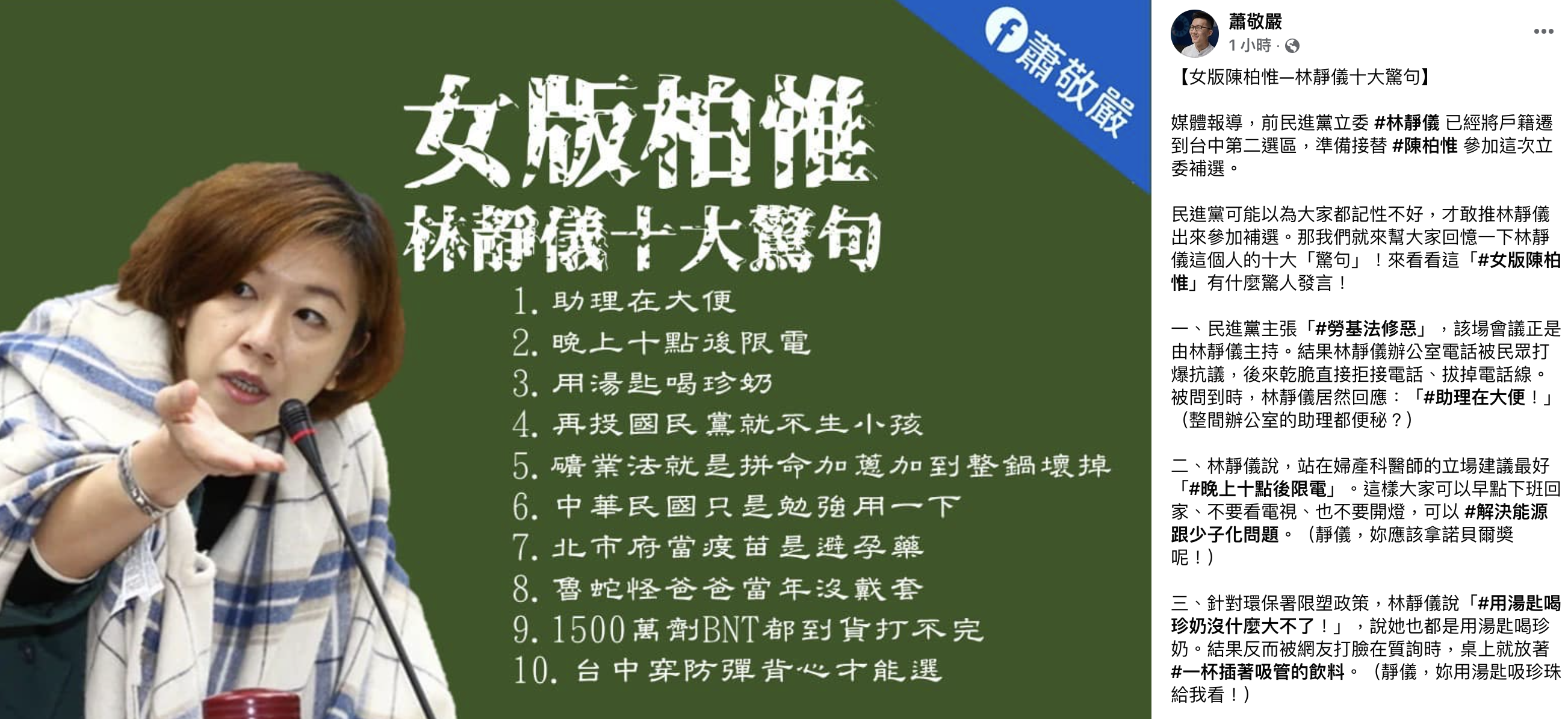 藍營青年指林靜儀是女版柏惟,更列出其「10大驚句」。(圖/翻攝節錄自蕭敬嚴臉書)