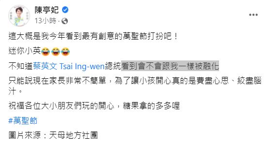 立委在臉書分享看過最有創意的萬聖節裝扮。(圖/翻攝自陳亭妃臉書)