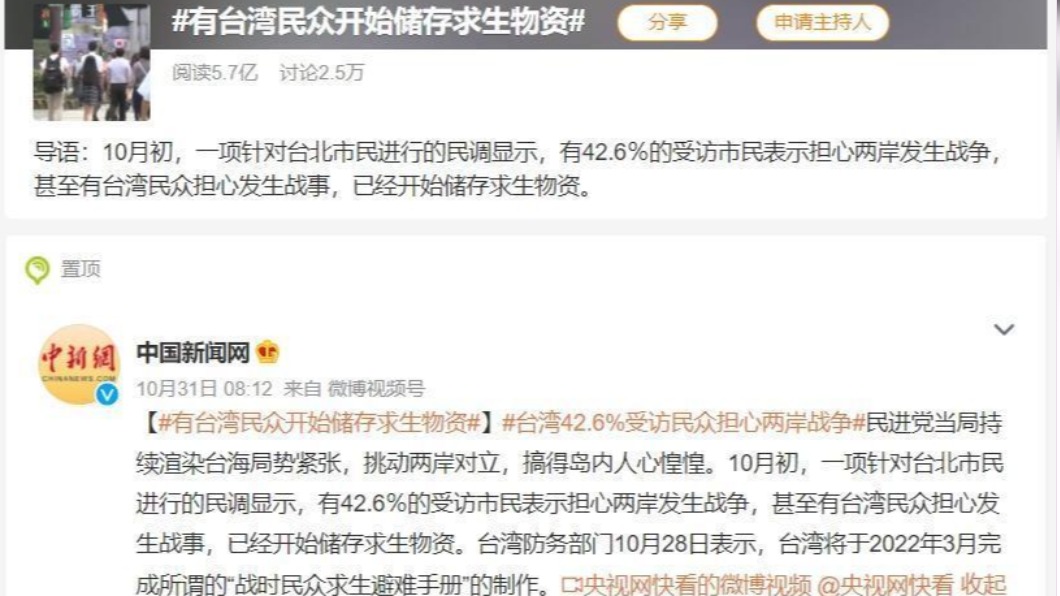 微博瘋傳大陸官媒報導「台灣民眾開始儲存求生物資」,引發討論。(圖/翻攝微博)