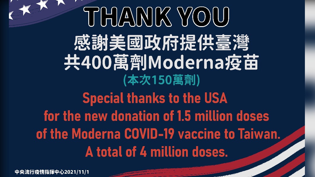 指揮中心感謝美國提供莫德納疫苗。(圖/中央流行疫情指揮中心提供)