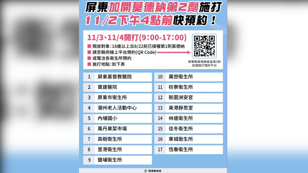 屏東縣加開第2劑莫德納接種。（圖／屏東縣政府提供）