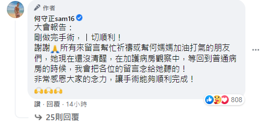 何守正母親正在加護病房。(圖/翻攝自何守正臉書)