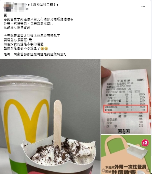 網友提問麥當勞餐具居然要收費嗎？（圖／翻攝自臉書社團「爆廢公社二館」）