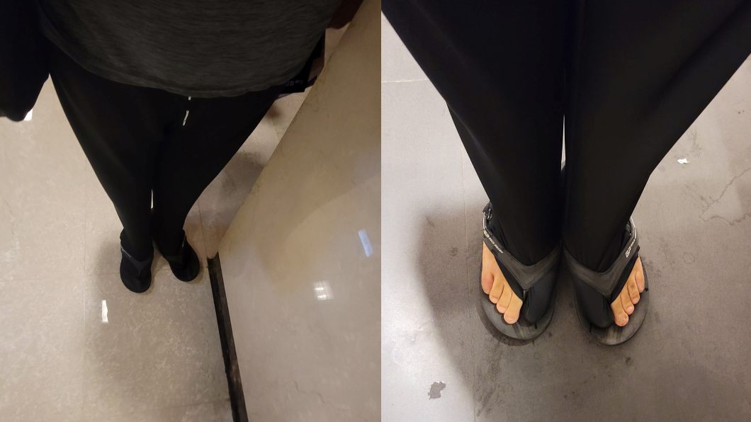 謝立聖靈機一動,將長褲拉下來蓋住腳趾。(圖/翻攝自謝立聖臉書)