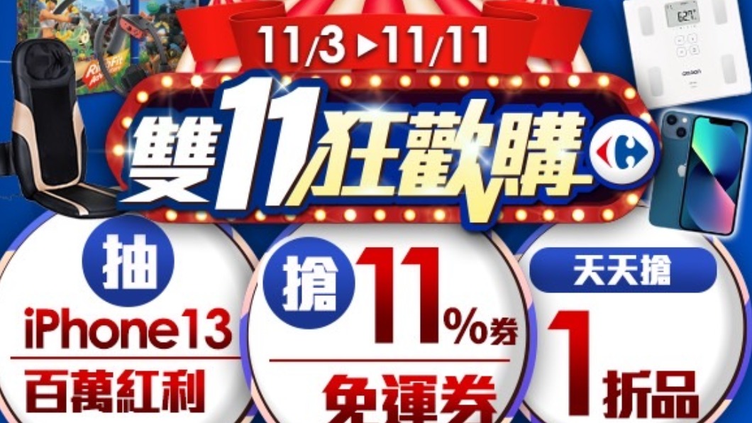 家樂福限時兩天推出不限金額下單抽iPhone13、百萬紅利活動。(圖/業者提供)