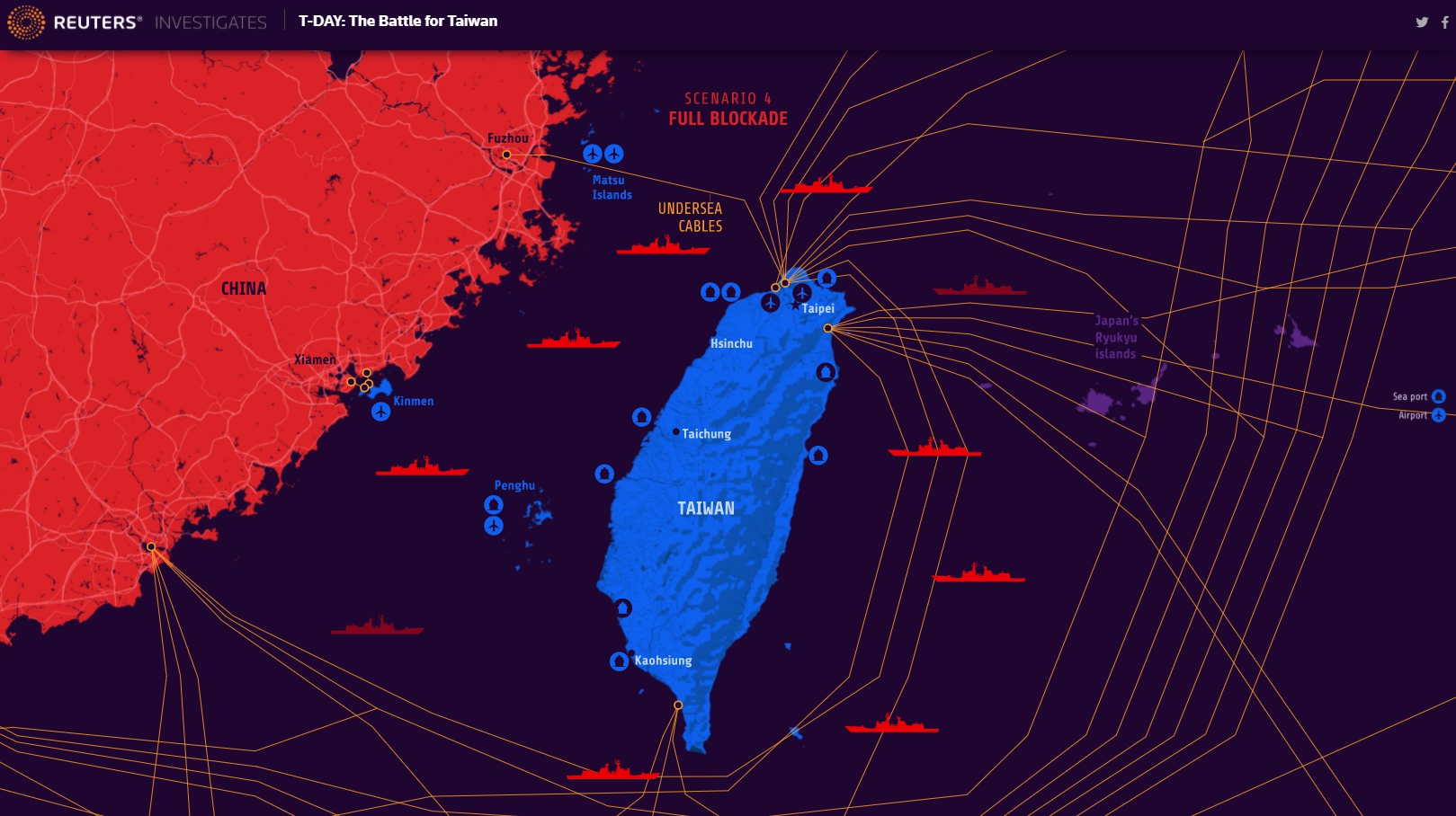 中國大陸派兵封鎖台灣本島對外聯繫。(圖/翻攝自Reuters官網)