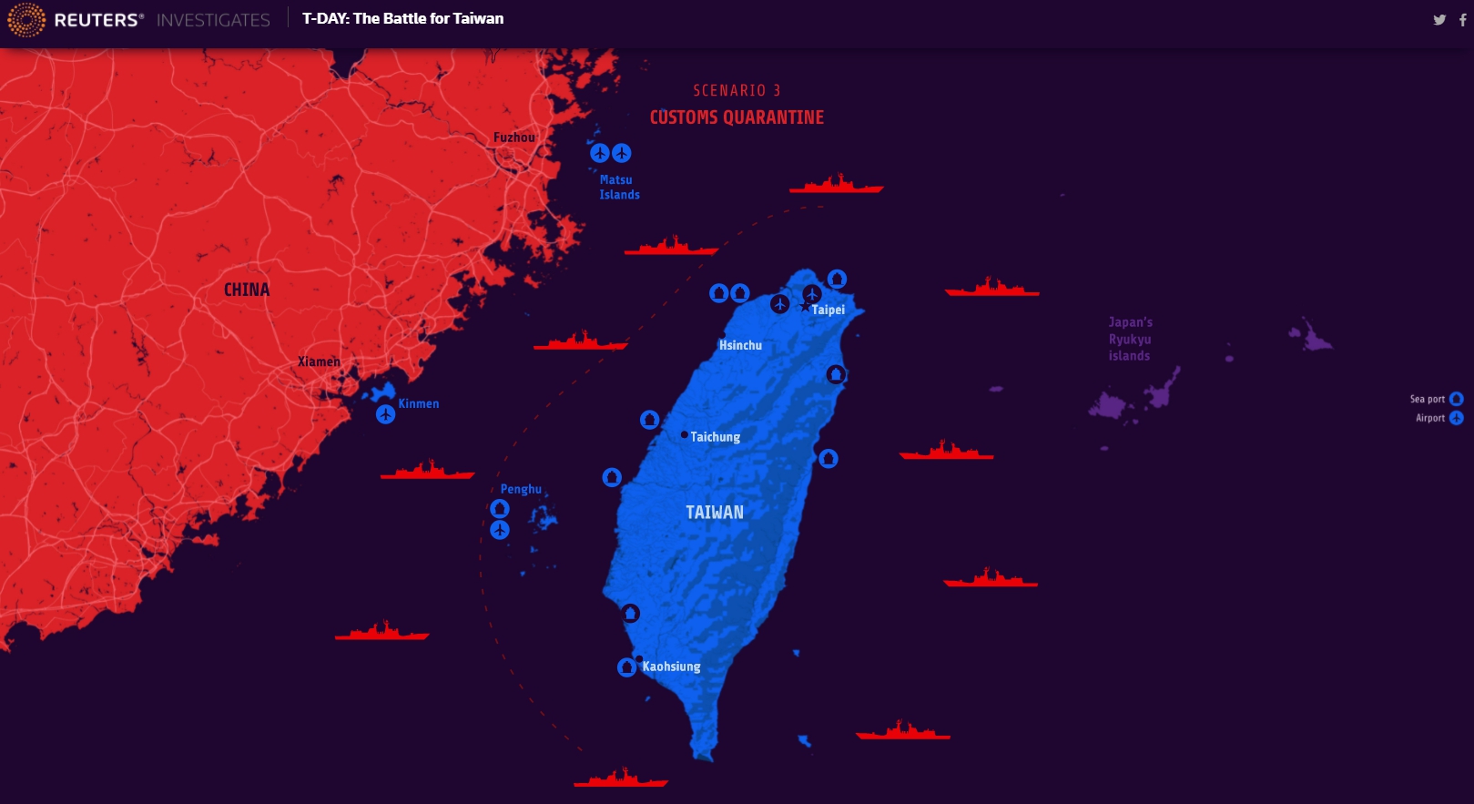 解放軍軍艦包圍台灣本島,攔截試圖靠近的飛機與船隻。(圖/翻攝自Reuters官網)