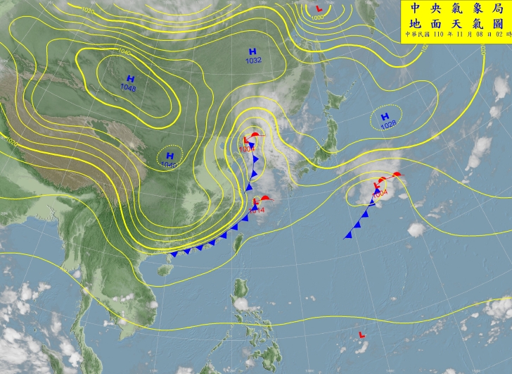 今日上午有一道鋒面通過台灣北方。(圖/氣象局)