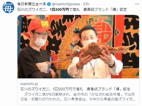 「輝」松葉蟹拿起來超有份量。 (圖/翻攝自@mainichijpnews推特)