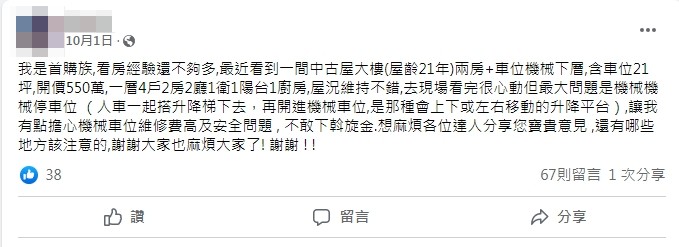 一名首購族詢問該不該買機械停車位。（圖／翻攝自「買房知識家（A你的Q）」）