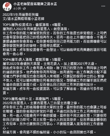 小孟老師盤點出2022年5大生肖運勢超旺。(圖/翻攝自小孟老師Facebook)