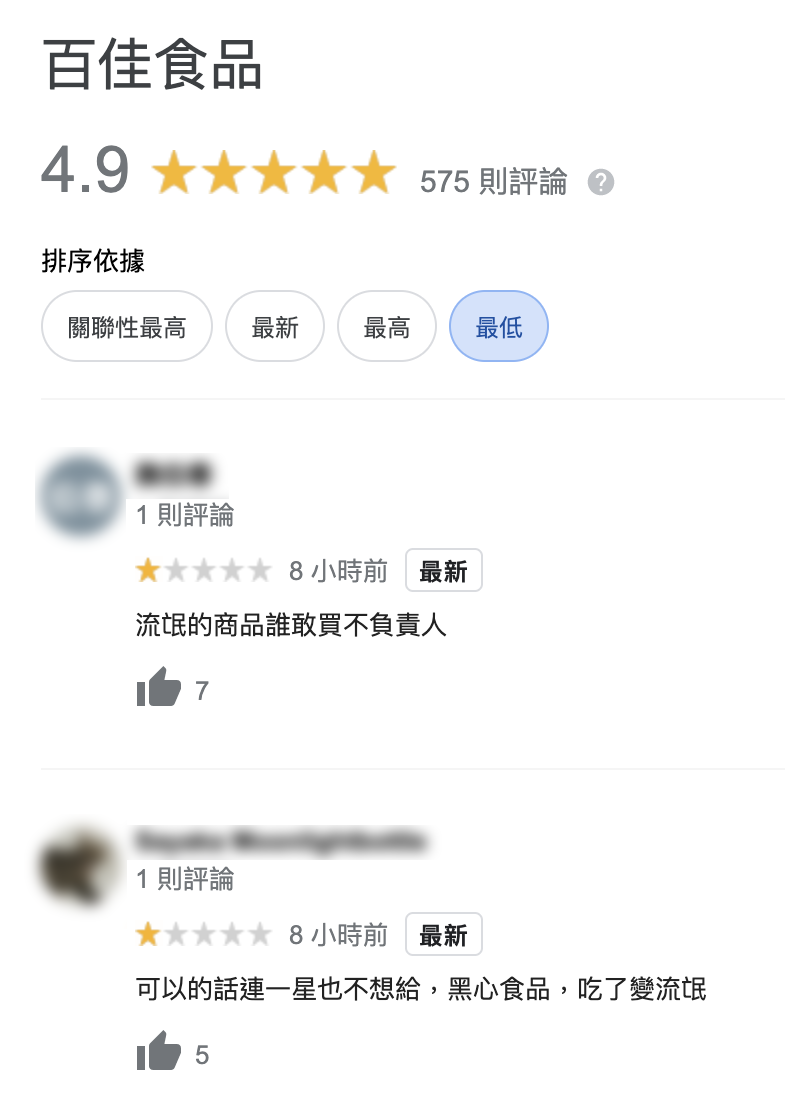 無辜的百佳食品Google評論遭到出征。(圖/翻攝自Google)