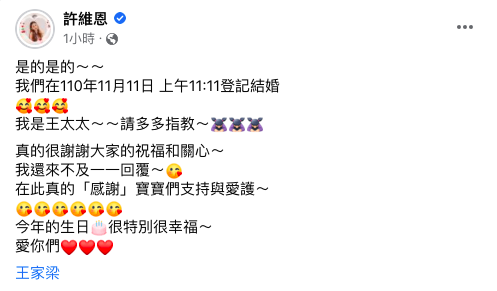 許維恩臉書發文宣布喜訊。(圖/翻攝自許維恩臉書)