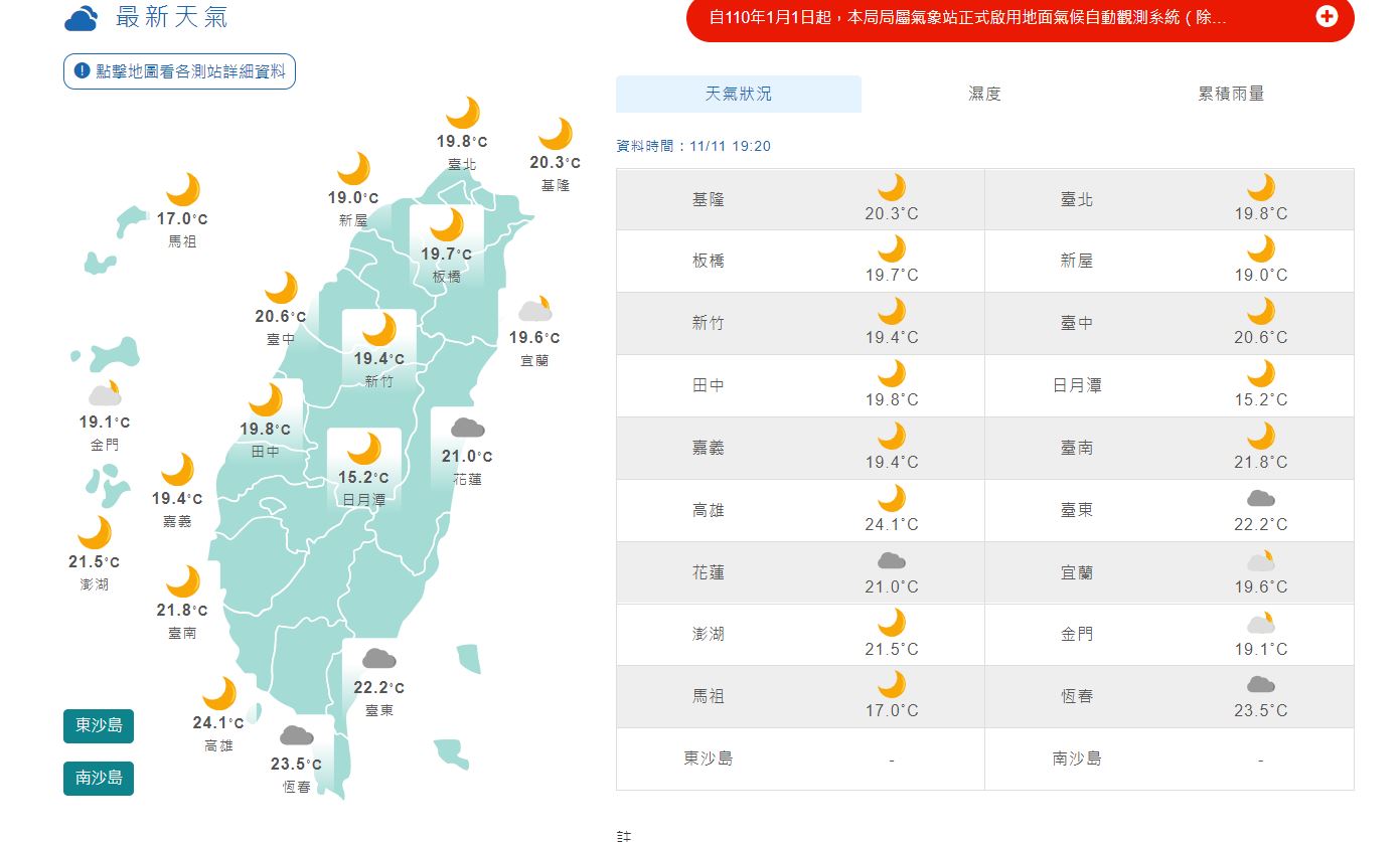 今(11)日各地天氣。(圖/中央氣象局)