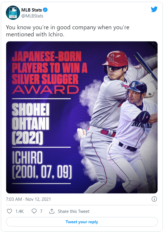 大谷跟隨鈴木一朗腳步,成為第二位獲得銀棒獎的日籍選手。(圖/翻攝自@MLBStats推特)