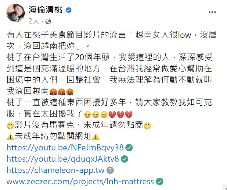 海倫清桃透露被人嗆「很low、沒水準」。(圖/翻攝自海倫清桃臉書)