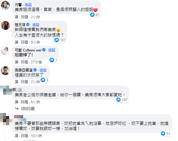 藝人留言力挺林美秀。(圖/翻攝自林美秀Facebook)